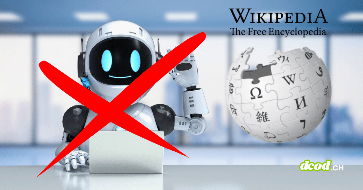 Illustration montrant un robot blanc devant un ordinateur barré d'une grande croix rouge à côté du logo de Wikipédia, illustrant l'article : Wikipédia interdit l'IA générative pour rédiger ses articles.