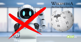 Illustration montrant un robot blanc devant un ordinateur barré d'une grande croix rouge à côté du logo de Wikipédia, illustrant l'article : Wikipédia interdit l'IA générative pour rédiger ses articles.