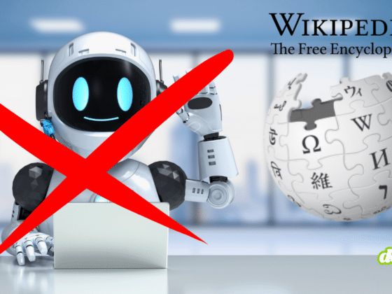 Illustration montrant un robot blanc devant un ordinateur barré d'une grande croix rouge à côté du logo de Wikipédia, illustrant l'article : Wikipédia interdit l'IA générative pour rédiger ses articles.