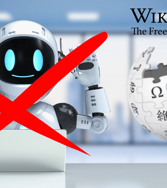 Illustration montrant un robot blanc devant un ordinateur barré d'une grande croix rouge à côté du logo de Wikipédia, illustrant l'article : Wikipédia interdit l'IA générative pour rédiger ses articles.