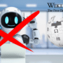 Illustration montrant un robot blanc devant un ordinateur barré d'une grande croix rouge à côté du logo de Wikipédia, illustrant l'article : Wikipédia interdit l'IA générative pour rédiger ses articles.