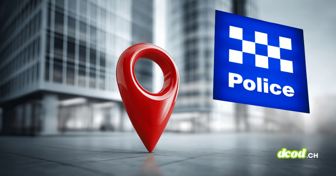 Image d'illustration montrant une épingle de localisation rouge et un panneau de police pour l'article sur la faille critique Bluetooth permettant de traquer les policiers en temps réel.