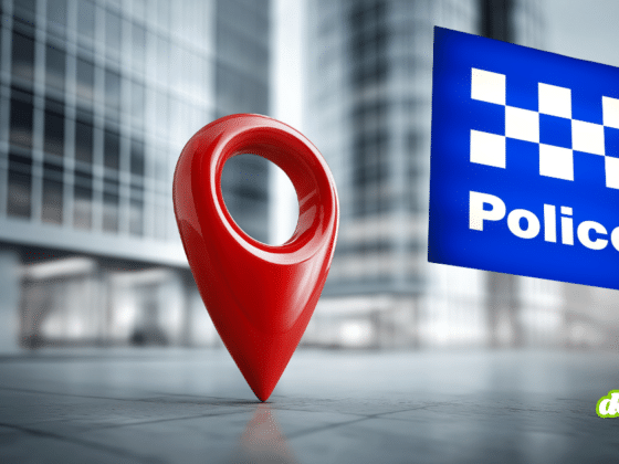 Image d'illustration montrant une épingle de localisation rouge et un panneau de police pour l'article sur la faille critique Bluetooth permettant de traquer les policiers en temps réel.
