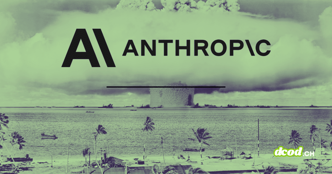 Illustration stylisée pour le média DCOD représentant le logo de l'entreprise Anthropic superposé à une image historique d'explosion nucléaire en mer. Un filtre de couleur vert kaki s'applique sur l'ensemble de la composition pour évoquer l'impact massif de l'IA Claude Mythos qui sature la cybersécurité avec la découverte de 10 000 failles.
