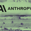 Illustration stylisée pour le média DCOD représentant le logo de l'entreprise Anthropic superposé à une image historique d'explosion nucléaire en mer. Un filtre de couleur vert kaki s'applique sur l'ensemble de la composition pour évoquer l'impact massif de l'IA Claude Mythos qui sature la cybersécurité avec la découverte de 10 000 failles.