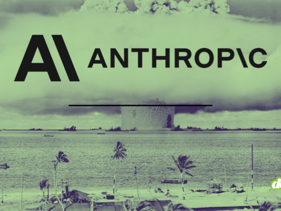 Illustration stylisée pour le média DCOD représentant le logo de l'entreprise Anthropic superposé à une image historique d'explosion nucléaire en mer. Un filtre de couleur vert kaki s'applique sur l'ensemble de la composition pour évoquer l'impact massif de l'IA Claude Mythos qui sature la cybersécurité avec la découverte de 10 000 failles.