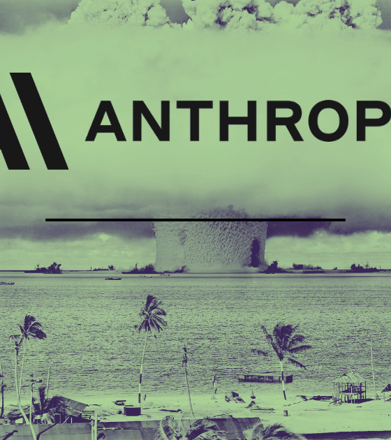 Illustration stylisée pour le média DCOD représentant le logo de l'entreprise Anthropic superposé à une image historique d'explosion nucléaire en mer. Un filtre de couleur vert kaki s'applique sur l'ensemble de la composition pour évoquer l'impact massif de l'IA Claude Mythos qui sature la cybersécurité avec la découverte de 10 000 failles.