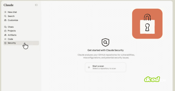 Capture d'écran de Claude Security d'Anthropic en phase bêta montrant le tableau de bord pour sécuriser le code et lancer un scan de sécurité.