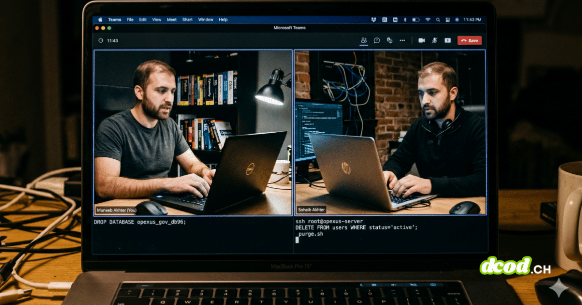 Capture d'écran d'un ordinateur portable affichant une visioconférence Microsoft Teams divisée en deux écrans. De chaque côté, un homme barbu, ressemblant à un frère jumeau technicien, est assis devant son ordinateur dans un bureau sombre encombré de câbles. Sous les fenêtres vidéo, une interface de terminal de commande affiche des lignes de code malveillant ciblant des bases de données, simulant un acte de cybercrime en direct.