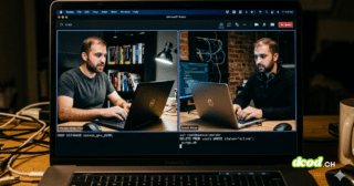 Capture d'écran d'un ordinateur portable affichant une visioconférence Microsoft Teams divisée en deux écrans. De chaque côté, un homme barbu, ressemblant à un frère jumeau technicien, est assis devant son ordinateur dans un bureau sombre encombré de câbles. Sous les fenêtres vidéo, une interface de terminal de commande affiche des lignes de code malveillant ciblant des bases de données, simulant un acte de cybercrime en direct.