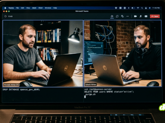 Capture d'écran d'un ordinateur portable affichant une visioconférence Microsoft Teams divisée en deux écrans. De chaque côté, un homme barbu, ressemblant à un frère jumeau technicien, est assis devant son ordinateur dans un bureau sombre encombré de câbles. Sous les fenêtres vidéo, une interface de terminal de commande affiche des lignes de code malveillant ciblant des bases de données, simulant un acte de cybercrime en direct.