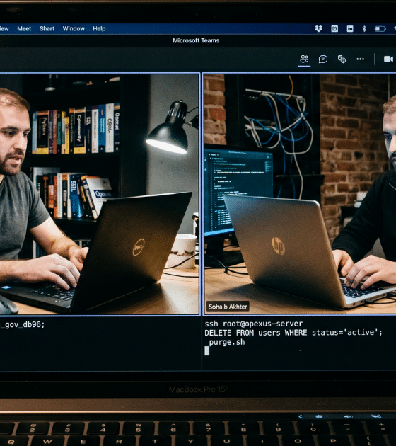 Capture d'écran d'un ordinateur portable affichant une visioconférence Microsoft Teams divisée en deux écrans. De chaque côté, un homme barbu, ressemblant à un frère jumeau technicien, est assis devant son ordinateur dans un bureau sombre encombré de câbles. Sous les fenêtres vidéo, une interface de terminal de commande affiche des lignes de code malveillant ciblant des bases de données, simulant un acte de cybercrime en direct.