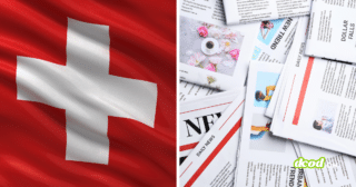 Bannière d'information du média DCOD associant le drapeau de la Suisse à gauche et des pages de journaux d'actualités à droite, illustrant les dernières nouvelles et réformes réglementaires helvétiques.