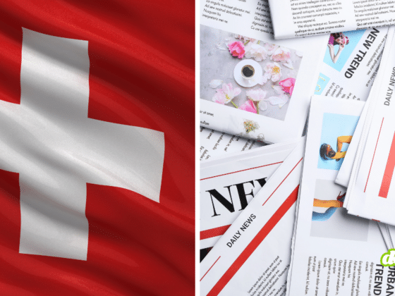 Bannière d'information du média DCOD associant le drapeau de la Suisse à gauche et des pages de journaux d'actualités à droite, illustrant les dernières nouvelles et réformes réglementaires helvétiques.