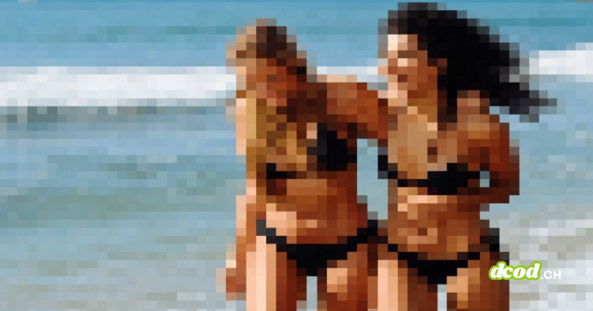 Illustration pixélisée de deux personnes sur la plage, symbolisant la création de deepfakes à l'école et le vide juridique qui expose les élèves au détournement de leurs images personnelles.