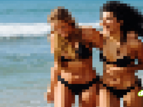 Illustration pixélisée de deux personnes sur la plage, symbolisant la création de deepfakes à l'école et le vide juridique qui expose les élèves au détournement de leurs images personnelles.