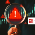 Illustration DCOD montrant une loupe sur des graphiques financiers avec une alerte rouge centrale. Elle souligne l'enquête de la FINMA révélant que 42% des banques manquent de politique contre la fraude numérique. Logos FINMA et DCOD.ch visibles.