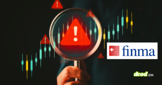 Illustration DCOD montrant une loupe sur des graphiques financiers avec une alerte rouge centrale. Elle souligne l'enquête de la FINMA révélant que 42% des banques manquent de politique contre la fraude numérique. Logos FINMA et DCOD.ch visibles.