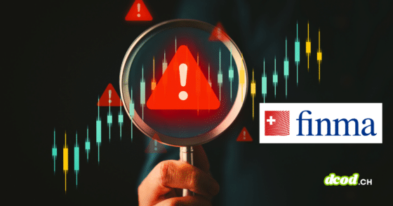 Illustration DCOD montrant une loupe sur des graphiques financiers avec une alerte rouge centrale. Elle souligne l'enquête de la FINMA révélant que 42% des banques manquent de politique contre la fraude numérique. Logos FINMA et DCOD.ch visibles.