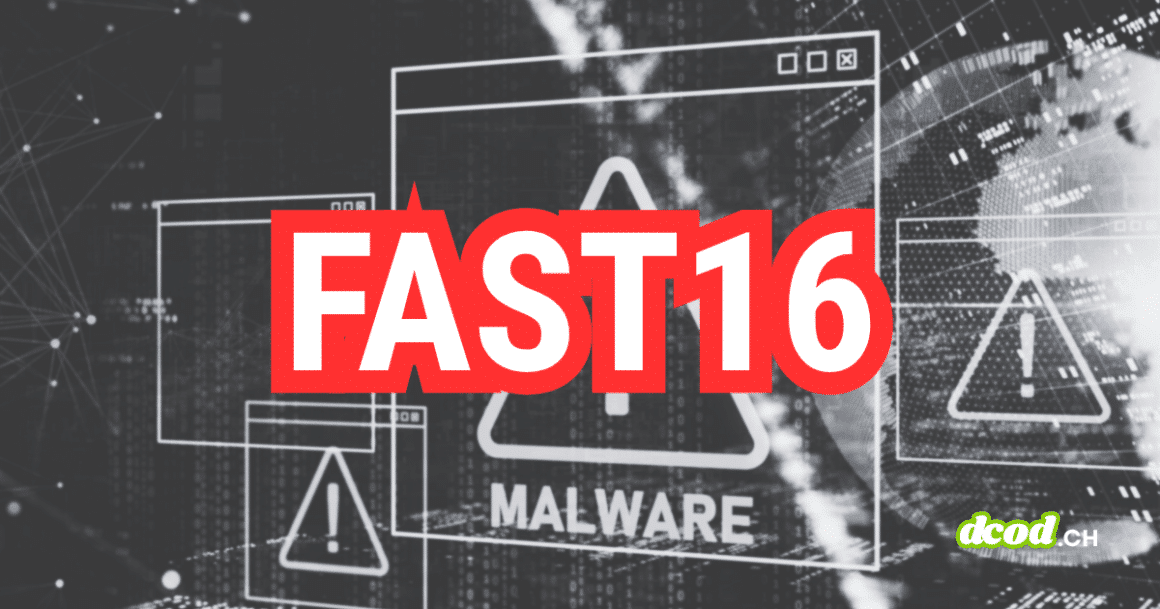 Graphisme numérique affichant FAST16 en rouge avec une alerte MALWARE, illustrant Fast16, le malware qui sabotait la physique bien avant Stuxnet.