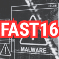Graphisme numérique affichant FAST16 en rouge avec une alerte MALWARE, illustrant Fast16, le malware qui sabotait la physique bien avant Stuxnet.