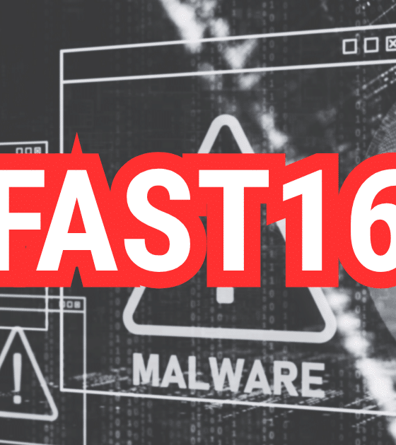 Graphisme numérique affichant FAST16 en rouge avec une alerte MALWARE, illustrant Fast16, le malware qui sabotait la physique bien avant Stuxnet.