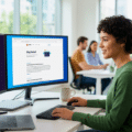 Une femme travaille activement sur Firefox dans un bureau moderne et lumineux. Un écran affiche le logo géant de Firefox, tandis que l'autre montre le navigateur ouvert sur une page de blog traitant de corrections de bugs de sécurité et de corrections de failles de sécurité, illustrant les améliorations de sécurité du logiciel.