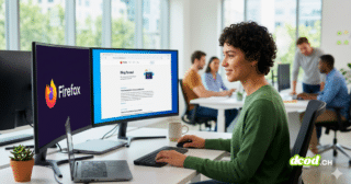 Une femme travaille activement sur Firefox dans un bureau moderne et lumineux. Un écran affiche le logo géant de Firefox, tandis que l'autre montre le navigateur ouvert sur une page de blog traitant de corrections de bugs de sécurité et de corrections de failles de sécurité, illustrant les améliorations de sécurité du logiciel.