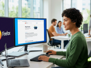 Une femme travaille activement sur Firefox dans un bureau moderne et lumineux. Un écran affiche le logo géant de Firefox, tandis que l'autre montre le navigateur ouvert sur une page de blog traitant de corrections de bugs de sécurité et de corrections de failles de sécurité, illustrant les améliorations de sécurité du logiciel.