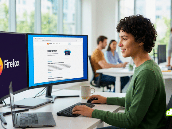 Une femme travaille activement sur Firefox dans un bureau moderne et lumineux. Un écran affiche le logo géant de Firefox, tandis que l'autre montre le navigateur ouvert sur une page de blog traitant de corrections de bugs de sécurité et de corrections de failles de sécurité, illustrant les améliorations de sécurité du logiciel.