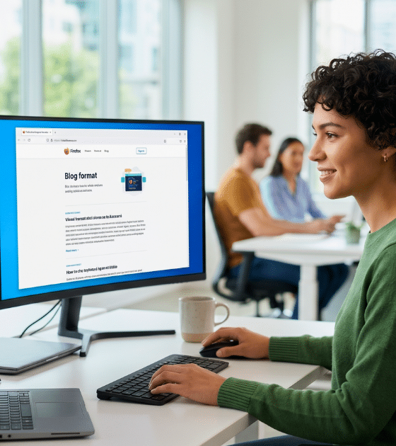 Une femme travaille activement sur Firefox dans un bureau moderne et lumineux. Un écran affiche le logo géant de Firefox, tandis que l'autre montre le navigateur ouvert sur une page de blog traitant de corrections de bugs de sécurité et de corrections de failles de sécurité, illustrant les améliorations de sécurité du logiciel.