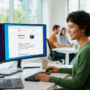 Une femme travaille activement sur Firefox dans un bureau moderne et lumineux. Un écran affiche le logo géant de Firefox, tandis que l'autre montre le navigateur ouvert sur une page de blog traitant de corrections de bugs de sécurité et de corrections de failles de sécurité, illustrant les améliorations de sécurité du logiciel.