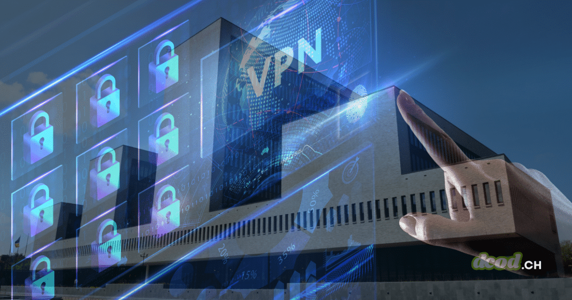 Illustration conceptuelle montrant le bâtiment d'Europol avec des hologrammes de cadenas sécurisés et un globe marqué "VPN", symbolisant la saisie des serveurs de First VPN qui s'effondre.