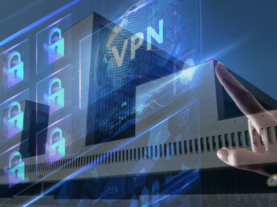 Illustration conceptuelle montrant le bâtiment d'Europol avec des hologrammes de cadenas sécurisés et un globe marqué "VPN", symbolisant la saisie des serveurs de First VPN qui s'effondre.
