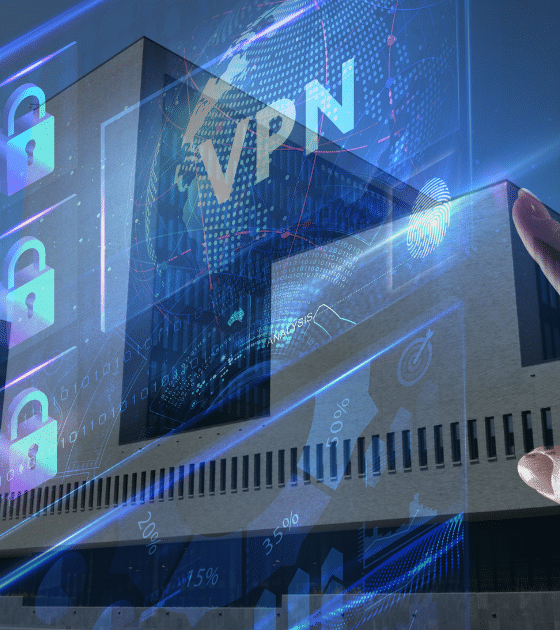 Illustration conceptuelle montrant le bâtiment d'Europol avec des hologrammes de cadenas sécurisés et un globe marqué "VPN", symbolisant la saisie des serveurs de First VPN qui s'effondre.