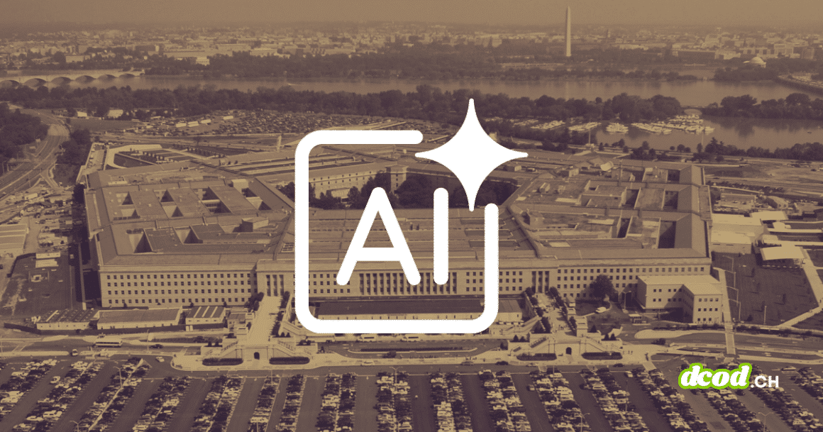 Vue aérienne du Pentagone avec une icône d'intelligence artificielle (AI) en surimpression, illustrant l'intégration de l'IA de Google et OpenAI sur les réseaux classifiés.