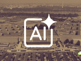 Vue aérienne du Pentagone avec une icône d'intelligence artificielle (AI) en surimpression, illustrant l'intégration de l'IA de Google et OpenAI sur les réseaux classifiés.