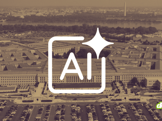 Vue aérienne du Pentagone avec une icône d'intelligence artificielle (AI) en surimpression, illustrant l'intégration de l'IA de Google et OpenAI sur les réseaux classifiés.