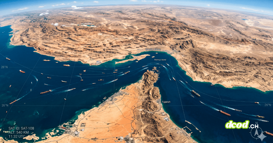 Photographie satellite de la région stratégique du détroit d'Ormuz, montrant le trafic maritime et les côtes de l'Iran et des Émirats arabes unis sous surveillance technique.