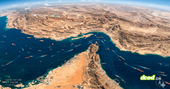 Photographie satellite de la région stratégique du détroit d'Ormuz, montrant le trafic maritime et les côtes de l'Iran et des Émirats arabes unis sous surveillance technique.