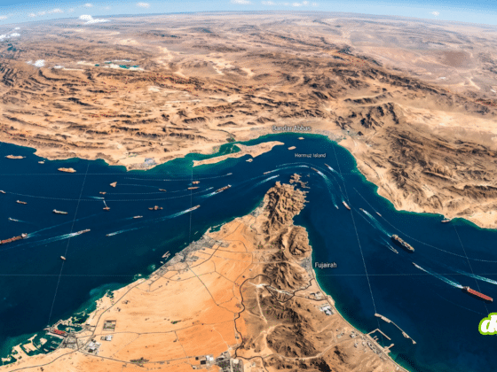 Photographie satellite de la région stratégique du détroit d'Ormuz, montrant le trafic maritime et les côtes de l'Iran et des Émirats arabes unis sous surveillance technique.