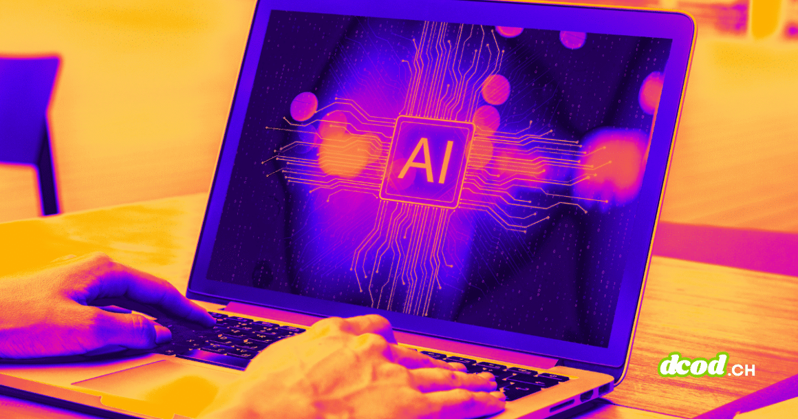 Photographie en gros plan de mains sur le clavier d'un ordinateur portable dont l'écran affiche un circuit imprimé stylisé violet et rose avec le texte central AI, portant le logo dcod.ch en bas à droite pour illustrer la découverte de failles zero-days.
