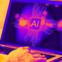 Photographie en gros plan de mains sur le clavier d'un ordinateur portable dont l'écran affiche un circuit imprimé stylisé violet et rose avec le texte central AI, portant le logo dcod.ch en bas à droite pour illustrer la découverte de failles zero-days.