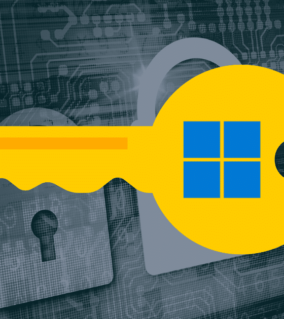 Une illustration graphique sur fond de circuits imprimés numériques sombres, représentant visuellement la faille BitLocker YellowKey, une vulnérabilité critique et vieille de plusieurs années qui affecte le système d'exploitation de Microsoft. Au premier plan, une grande clé jaune stylisée, frappée du logo bleu de Windows, symbolise l'accès forcé aux mécanismes de chiffrement. En arrière-plan, une série de cadenas grisés et alignés illustre les couches de sécurité informatique et la protection des données désormais compromises par cette faille matérielle. Le logo officiel du média dcod.ch apparaît discrètement dans le coin inférieur droit de l'image.
