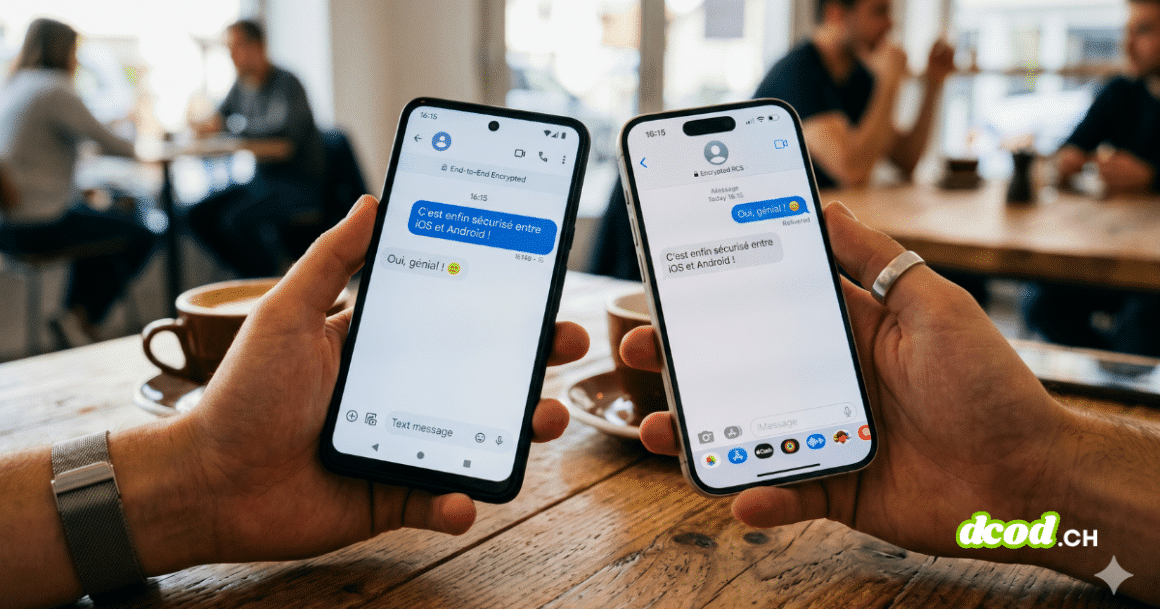 Un smartphone Android et un iPhone affichant une conversation par message où le chiffrement RCS sécurise enfin les échanges iOS et Android, avec un icône de cadenas visible sur les écrans.