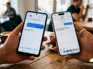 Un smartphone Android et un iPhone affichant une conversation par message où le chiffrement RCS sécurise enfin les échanges iOS et Android, avec un icône de cadenas visible sur les écrans.