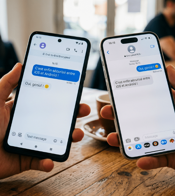 Un smartphone Android et un iPhone affichant une conversation par message où le chiffrement RCS sécurise enfin les échanges iOS et Android, avec un icône de cadenas visible sur les écrans.