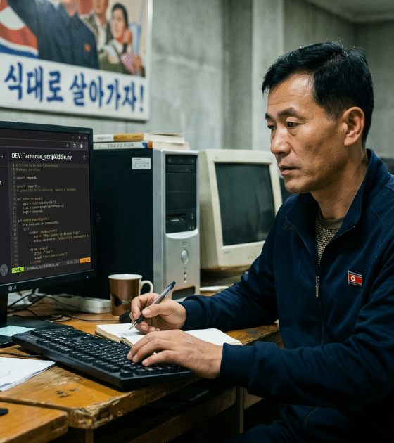 Illustration d'un pirate informatique novice nord-coréen utilisant un outil d'IA pour l'automatisation d'attaques et la génération de scripts malveillants sur un ordinateur.