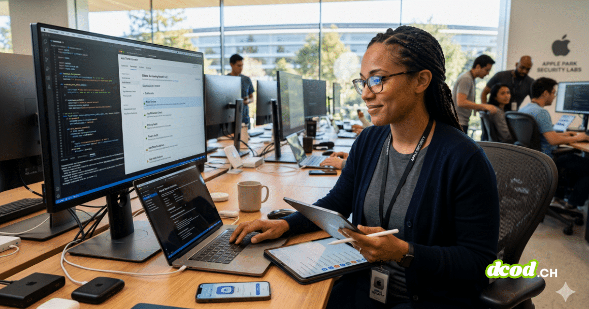 Ingénieure de sécurité chez Apple analysant le code et le statut de validation d'applications sur un grand écran dans les Security Labs, illustrant la lutte contre la fraude sur l'App Store en 2025 avec l'aide de l'IA.