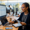 Ingénieure de sécurité chez Apple analysant le code et le statut de validation d'applications sur un grand écran dans les Security Labs, illustrant la lutte contre la fraude sur l'App Store en 2025 avec l'aide de l'IA.
